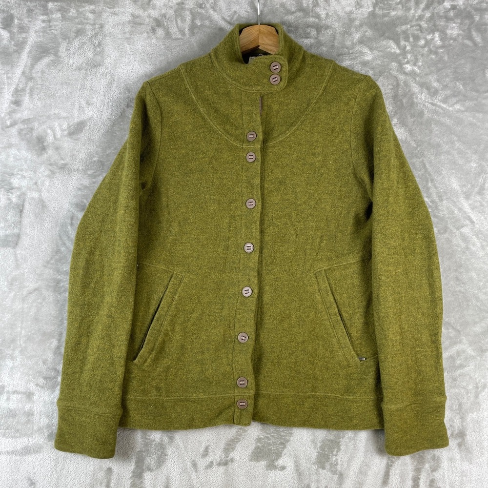 Ibex Jacket Women Small Green Merino Wool Button Front Mock Neck Miltary Sweater